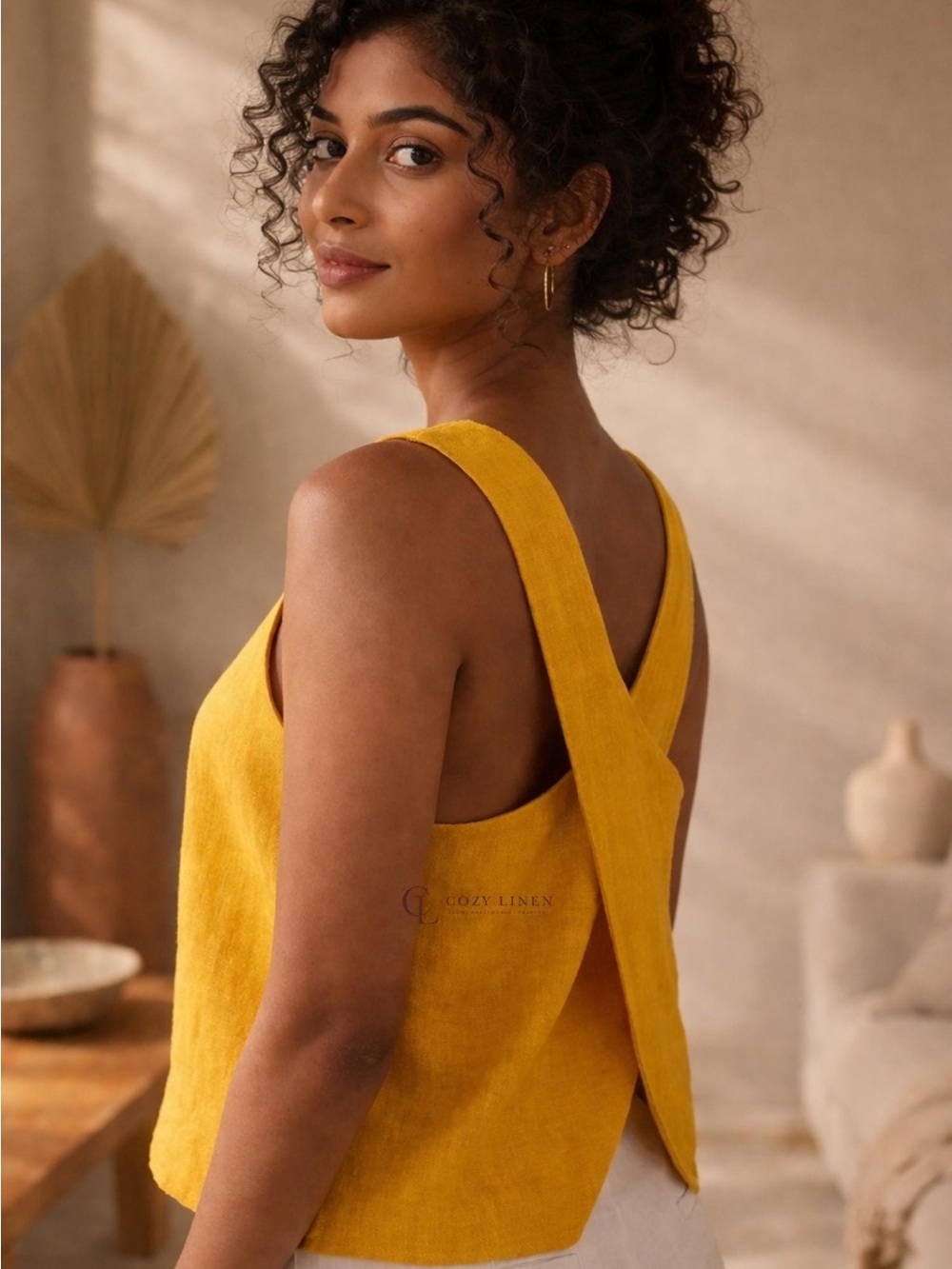 Mustard Cross-Back Linen-Blend Tank Dress